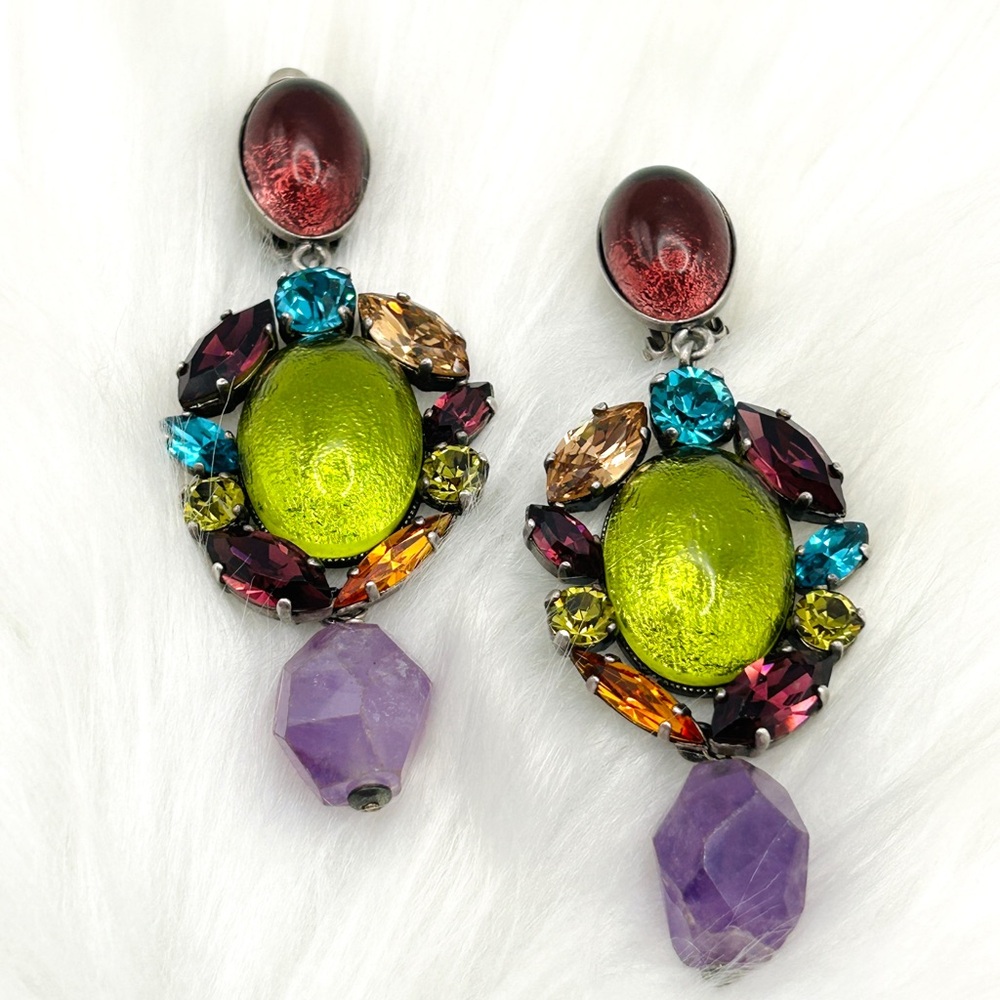 Philippe Ferrandis Rare Vintage Oversized Paris Crystal Clip-On Earrings 3”